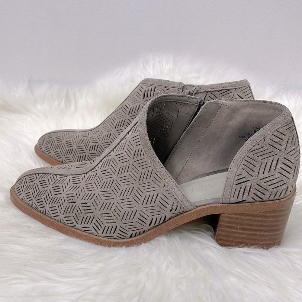 1. State | Tan pointy toe suede booties 6.0 cutout detail,zipper closure.